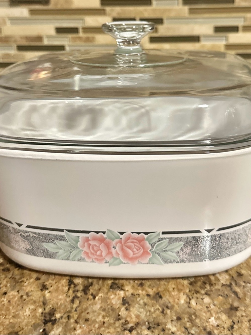 Corningware White Casserole with Pink Rose Border and Glass Lid
